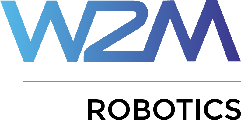 W2M-robotics-logo, jossa yrityksen nimi sinisillä liukuvärjätyillä kirjaimilla ja sen alla mustalla Robotics.